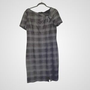 Jones New York Dress Grey Plaid Asymmetrical Bow Sheath Dress Sz 12 Office Work